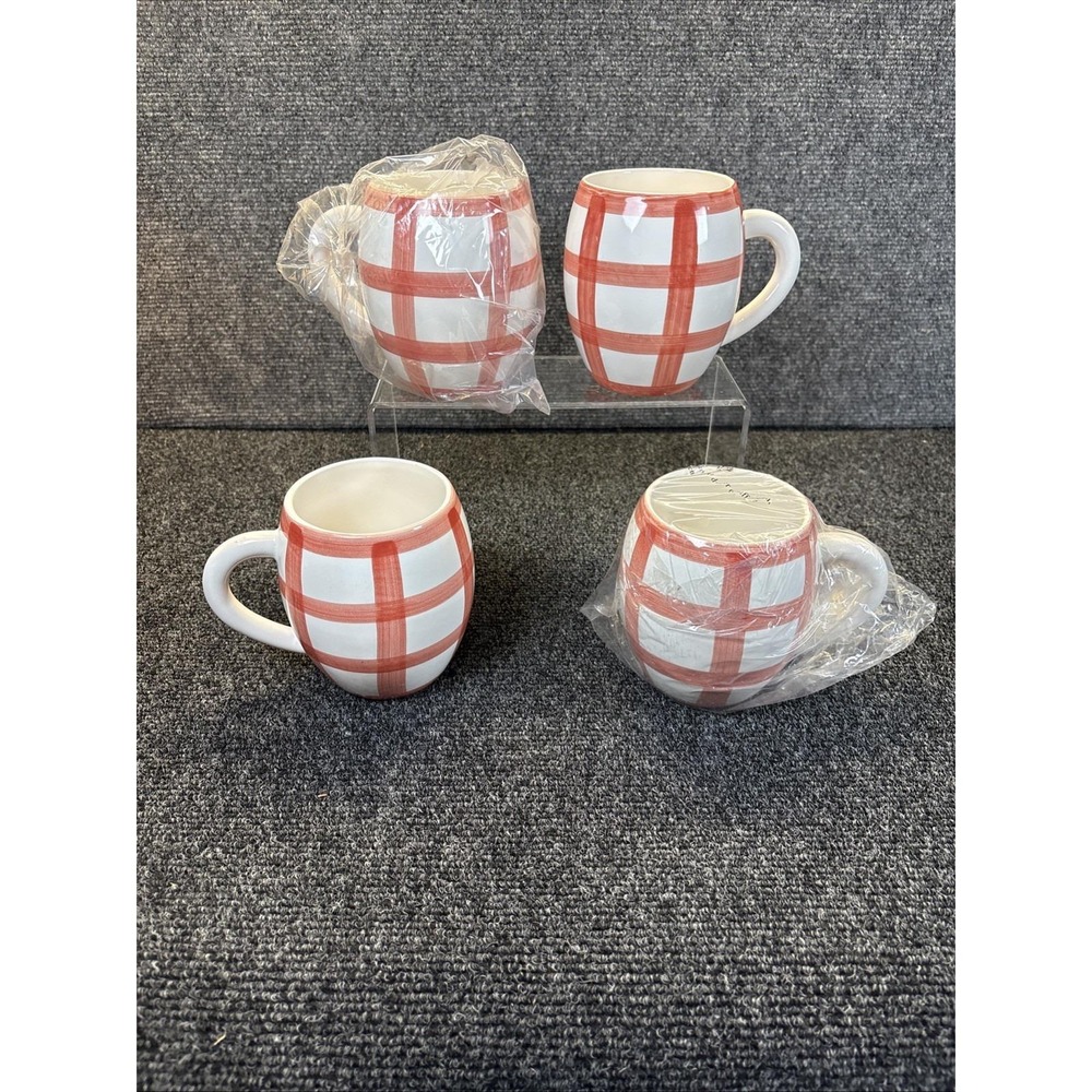 Vtg~Von Pok @ Chang NY~Ceramic/Barrel Shaped~Red & White Plaid~Set of 4